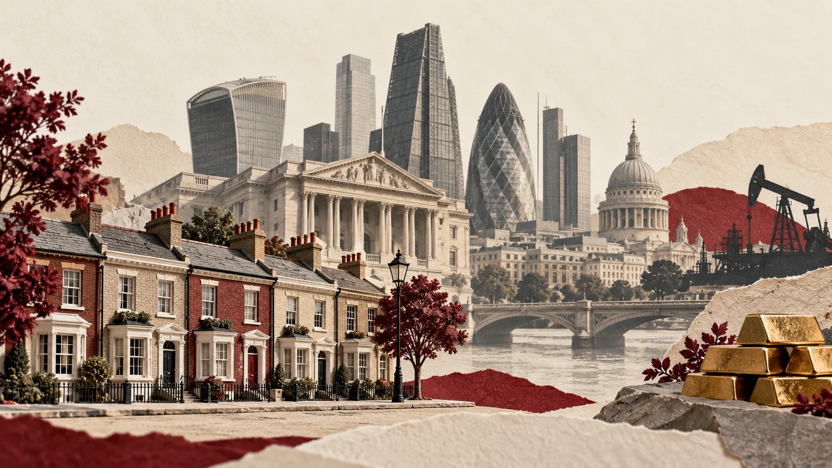 British homes, London's financial district, oil and gold in an editorial illustration